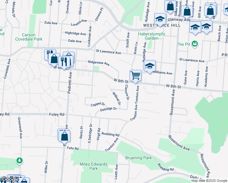 map of restaurants, bars, coffee shops, grocery stores, and more near 765 Wilbud Drive in Cincinnati