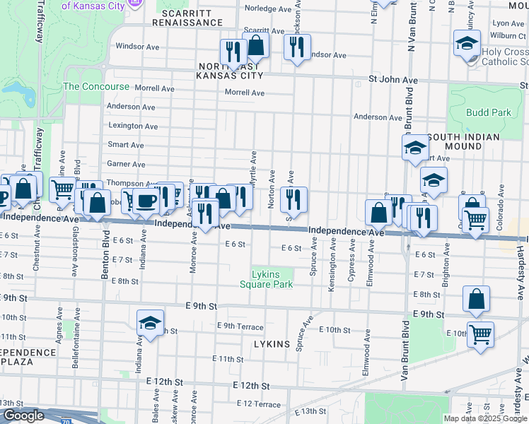 map of restaurants, bars, coffee shops, grocery stores, and more near 524 Norton Avenue in Kansas City