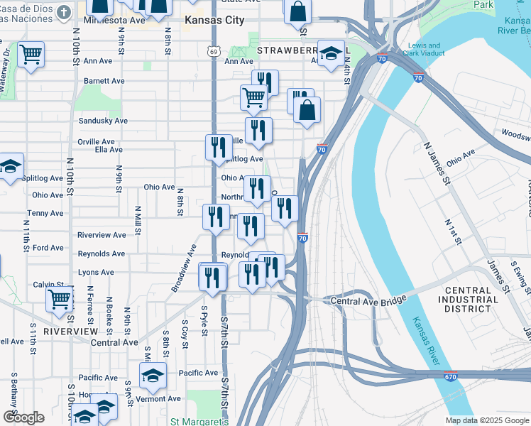 map of restaurants, bars, coffee shops, grocery stores, and more near 244 Orchard Street in Kansas City