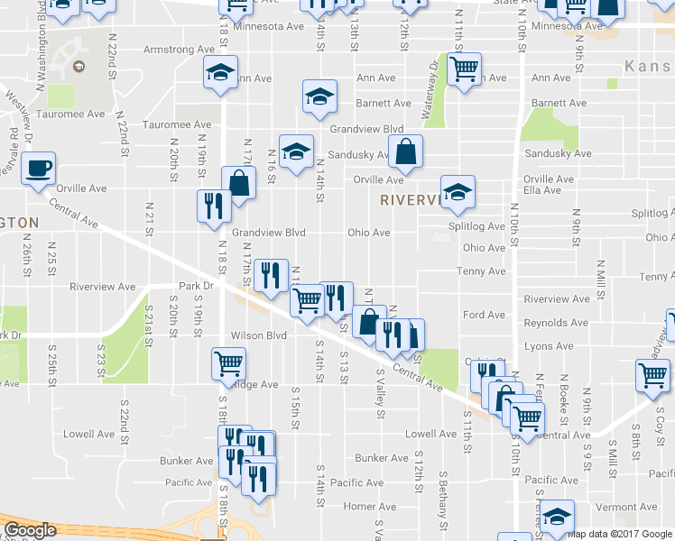 map of restaurants, bars, coffee shops, grocery stores, and more near 214 North 13th Street in Kansas City