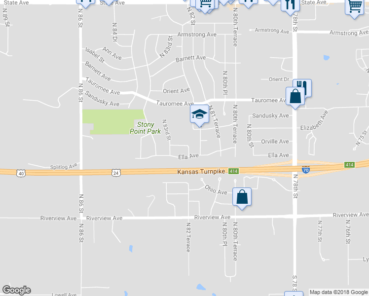 map of restaurants, bars, coffee shops, grocery stores, and more near 430 North 82nd Terrace in Kansas City