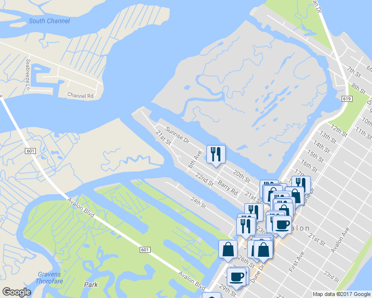map of restaurants, bars, coffee shops, grocery stores, and more near 645 21st Street in Avalon