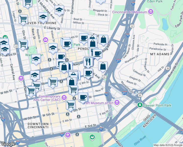 map of restaurants, bars, coffee shops, grocery stores, and more near 900 Broadway Street in Cincinnati