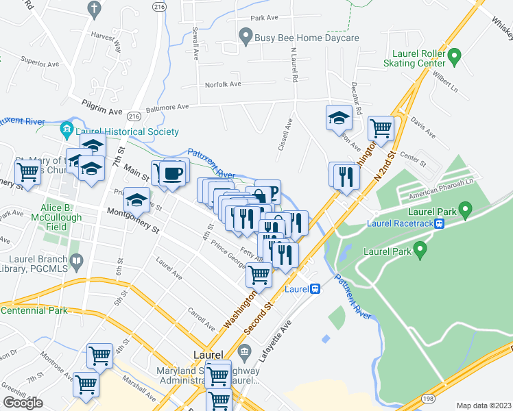 map of restaurants, bars, coffee shops, grocery stores, and more near 13 C Street in Laurel