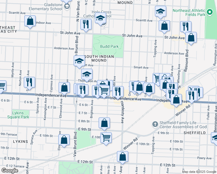 map of restaurants, bars, coffee shops, grocery stores, and more near 517 Denver Avenue in Kansas City