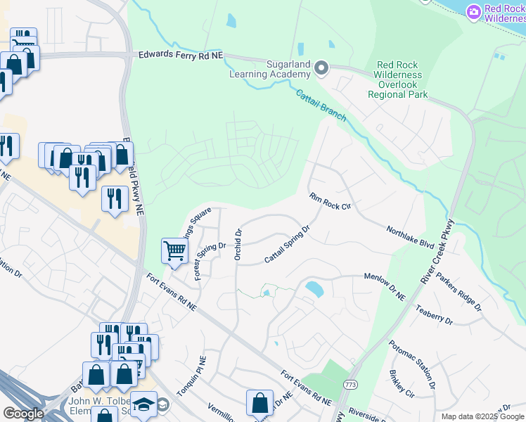 map of restaurants, bars, coffee shops, grocery stores, and more near 18483 Orchid Dr in Leesburg