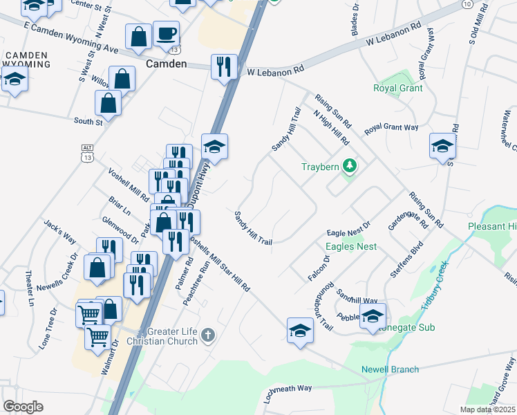map of restaurants, bars, coffee shops, grocery stores, and more near 164 Hilltop Trail in Kent County