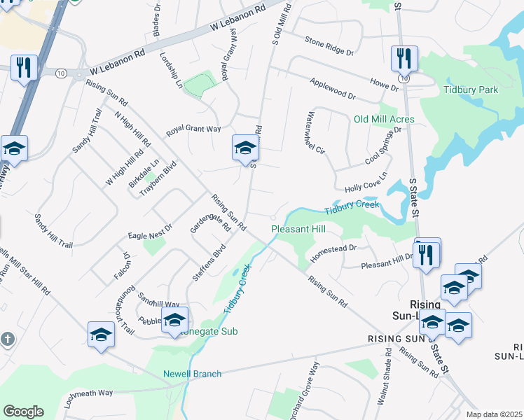 map of restaurants, bars, coffee shops, grocery stores, and more near 19 West Tidbury Drive in Dover