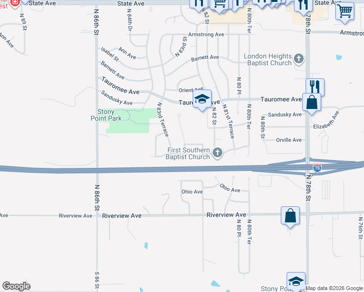 map of restaurants, bars, coffee shops, grocery stores, and more near 432 North 83rd Street in Kansas City