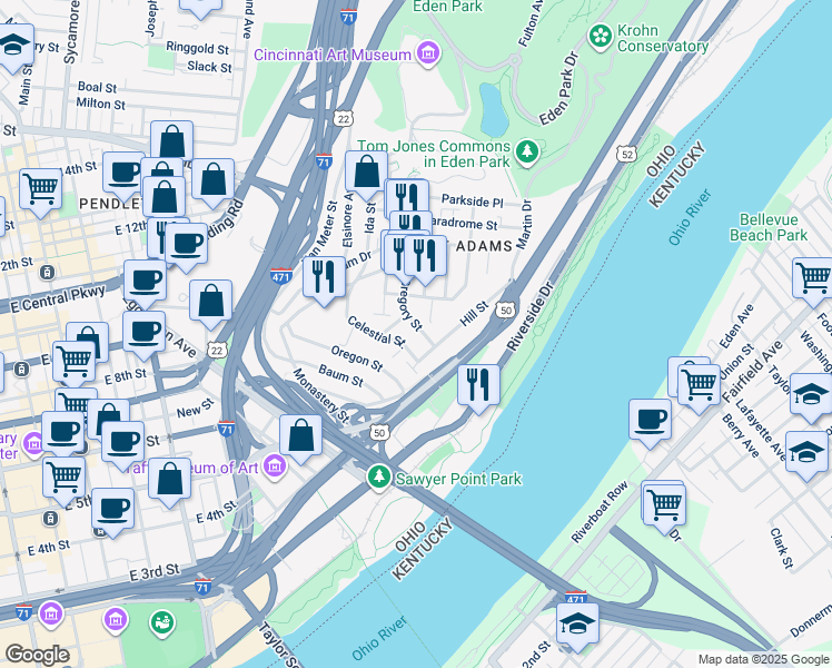 map of restaurants, bars, coffee shops, grocery stores, and more near 1026 Celestial Street in Cincinnati