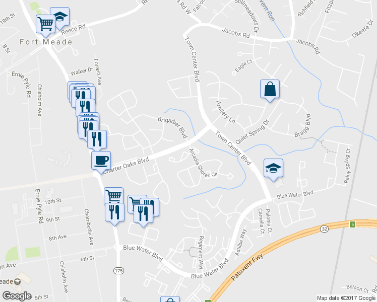 map of restaurants, bars, coffee shops, grocery stores, and more near 98 Westridge Circle in Odenton