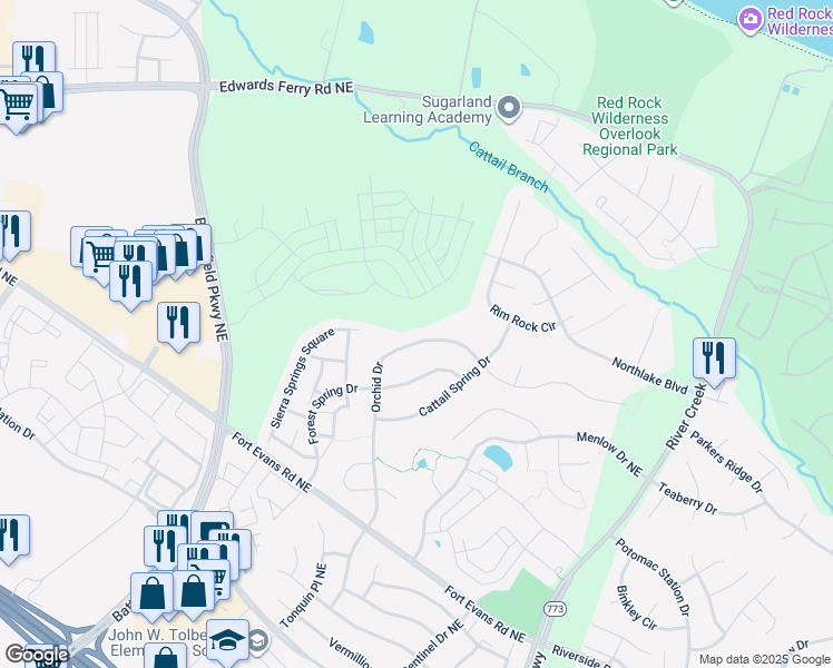 map of restaurants, bars, coffee shops, grocery stores, and more near 18483 Orchid Dr in Leesburg