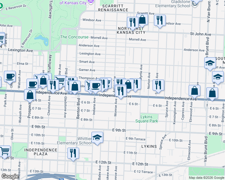 map of restaurants, bars, coffee shops, grocery stores, and more near 524 Askew Avenue in Kansas City