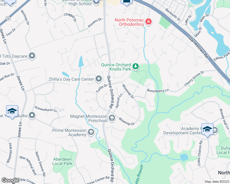 map of restaurants, bars, coffee shops, grocery stores, and more near 10 Apricot Court in North Potomac