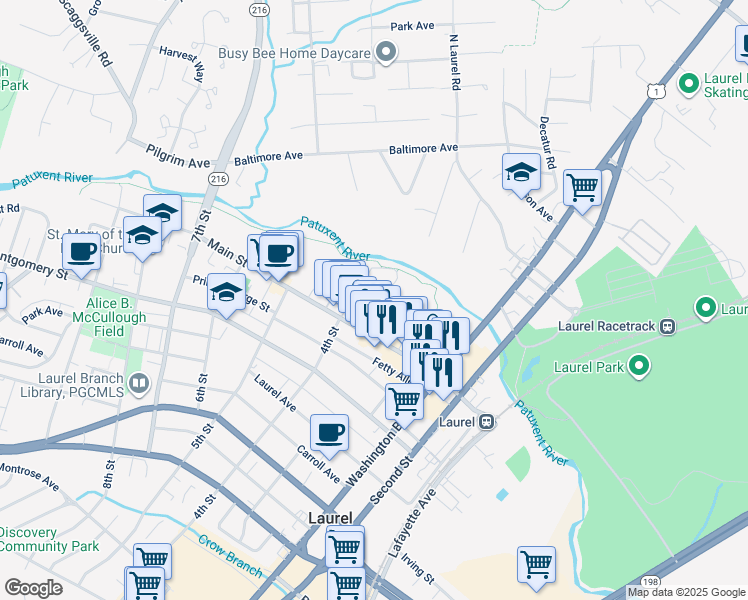 map of restaurants, bars, coffee shops, grocery stores, and more near 37 Avondale Street in Laurel