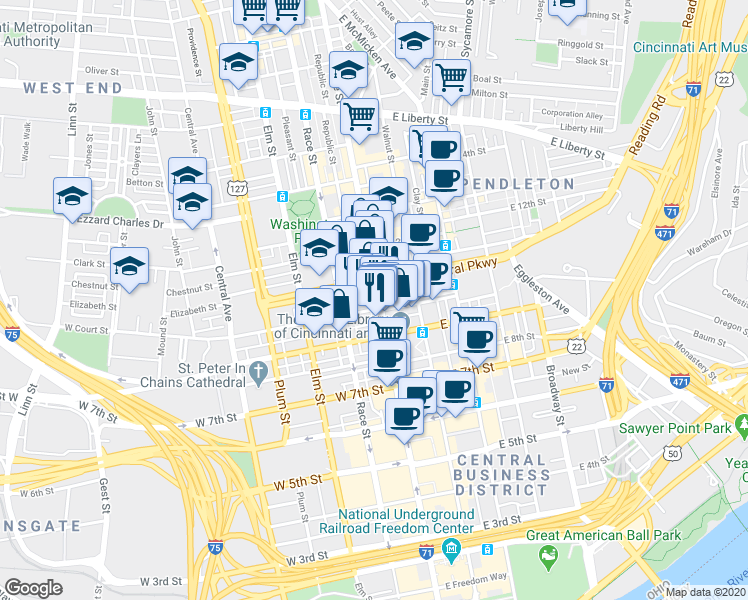 map of restaurants, bars, coffee shops, grocery stores, and more near 1001 Vine Street in Cincinnati
