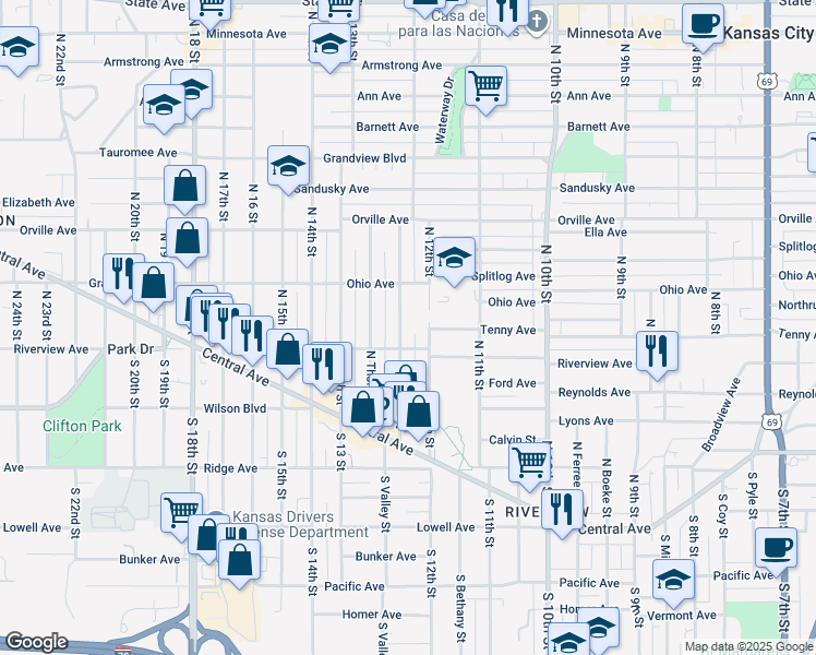 map of restaurants, bars, coffee shops, grocery stores, and more near 217 North Valley Street in Kansas City