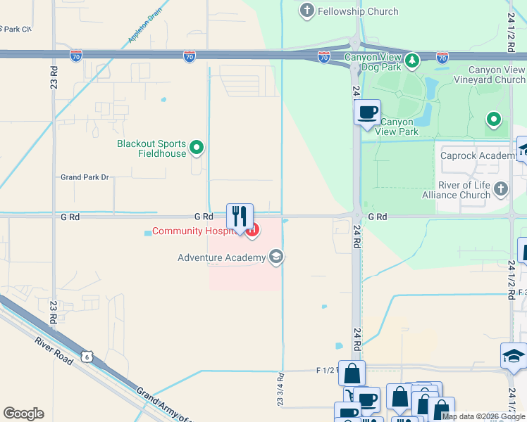 map of restaurants, bars, coffee shops, grocery stores, and more near 11 G Road in Grand Junction