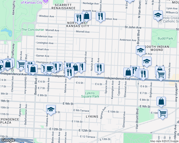 map of restaurants, bars, coffee shops, grocery stores, and more near 524 Norton Avenue in Kansas City
