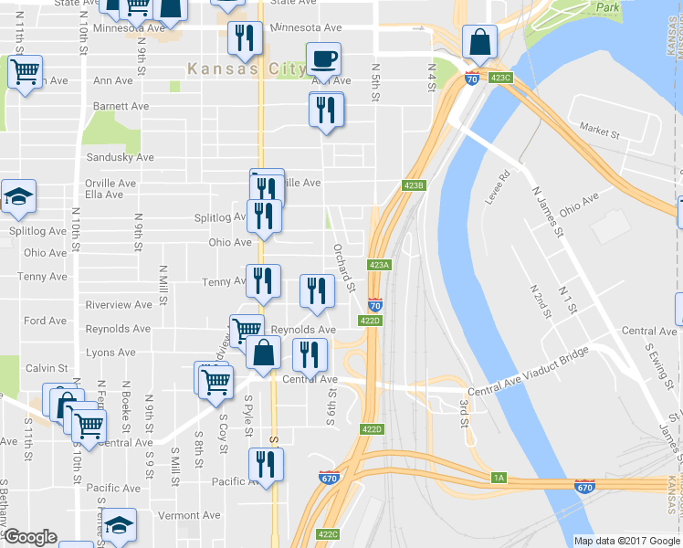map of restaurants, bars, coffee shops, grocery stores, and more near 244 Orchard Street in Kansas City