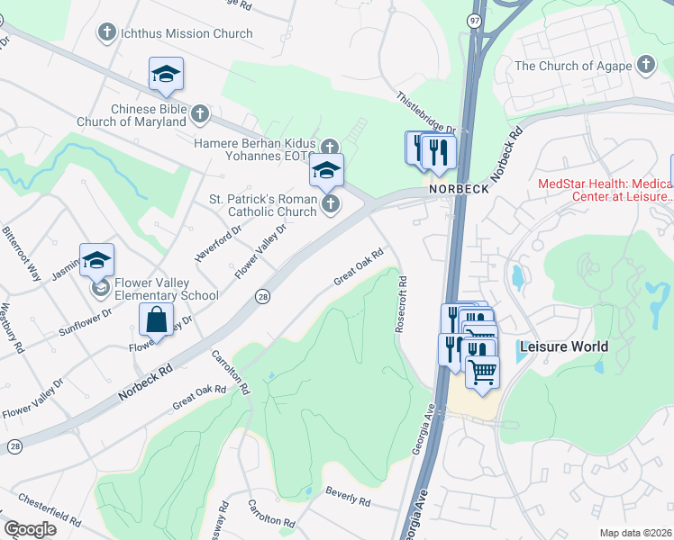 map of restaurants, bars, coffee shops, grocery stores, and more near 4129 Great Oak Road in Rockville