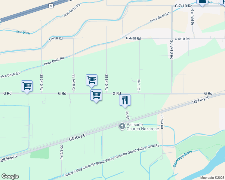 map of restaurants, bars, coffee shops, grocery stores, and more near 3588 G Road in Palisade