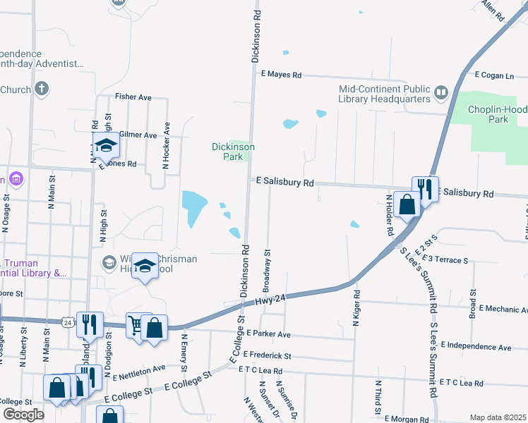 map of restaurants, bars, coffee shops, grocery stores, and more near 1502 Broadway Street in Independence