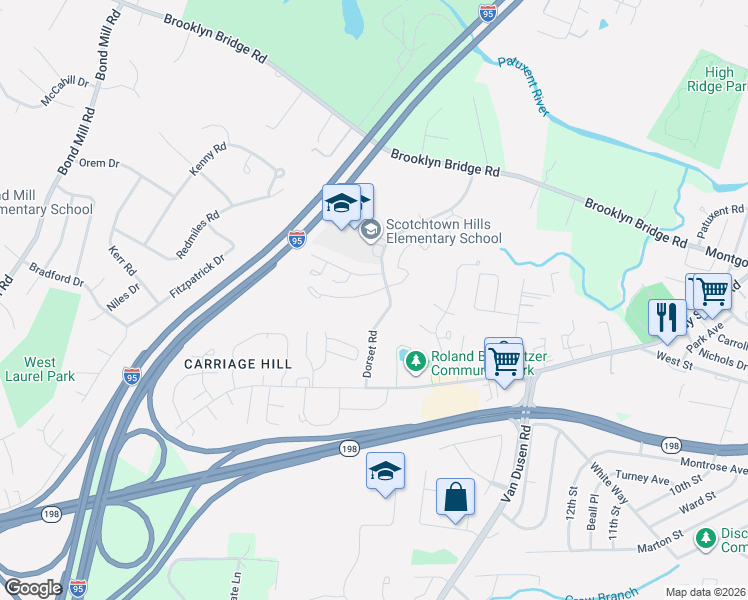 map of restaurants, bars, coffee shops, grocery stores, and more near 15702 Dorset Road in Laurel