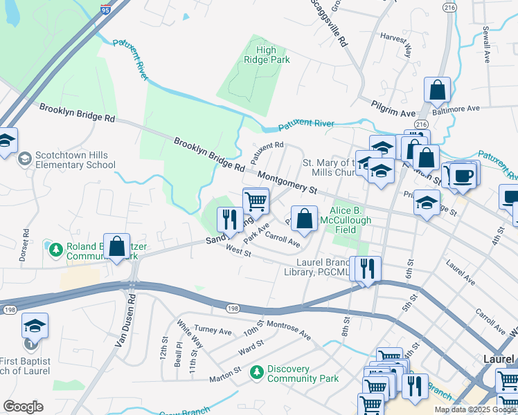 map of restaurants, bars, coffee shops, grocery stores, and more near 403 Sandy Spring Rd in Laurel