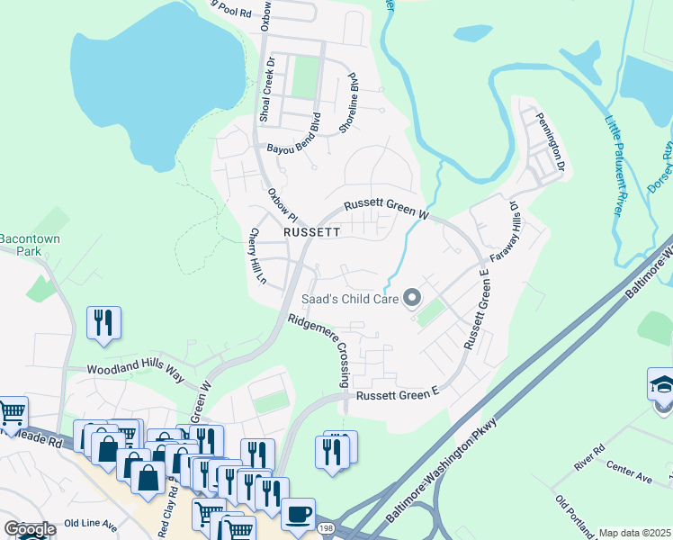 map of restaurants, bars, coffee shops, grocery stores, and more near 106 Forests Edge Place in Laurel