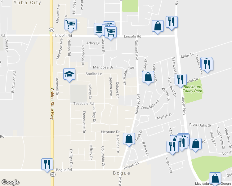 map of restaurants, bars, coffee shops, grocery stores, and more near 1385 Delone Drive in Yuba City