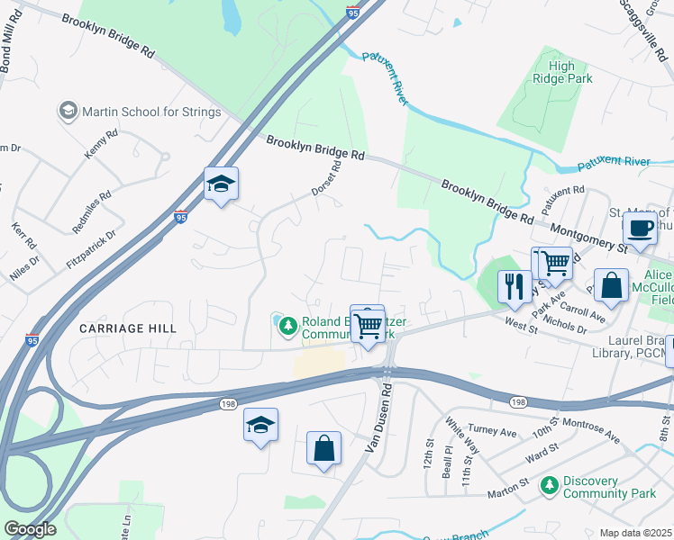 map of restaurants, bars, coffee shops, grocery stores, and more near 7623 Haines Ct in Laurel