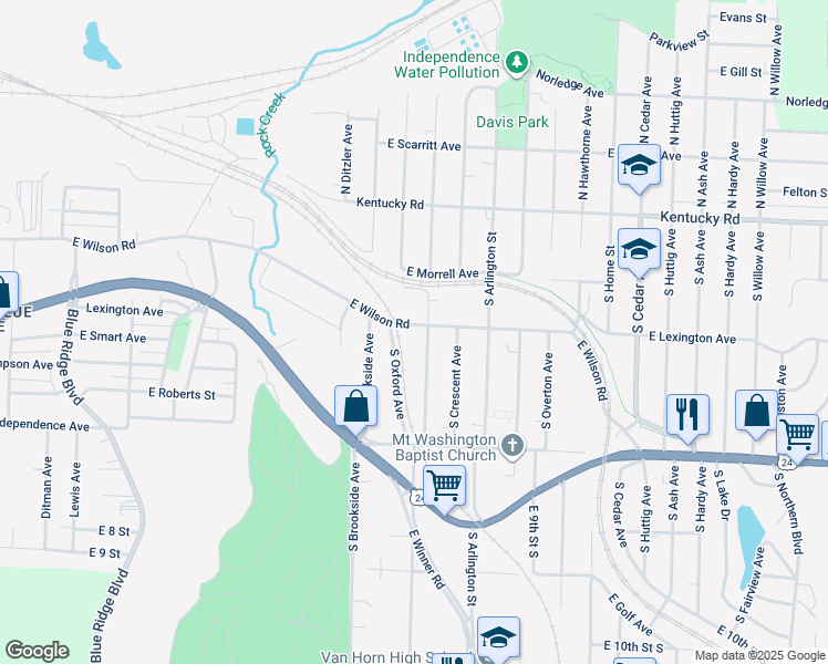 map of restaurants, bars, coffee shops, grocery stores, and more near 9325 East Wilson Road in Independence