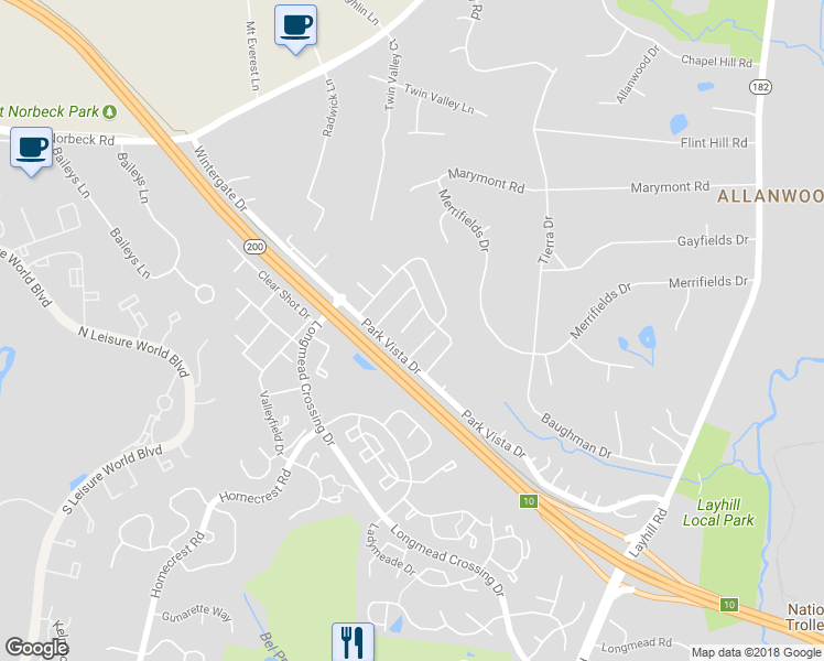 map of restaurants, bars, coffee shops, grocery stores, and more near 2216 Bear Valley Terrace in Silver Spring