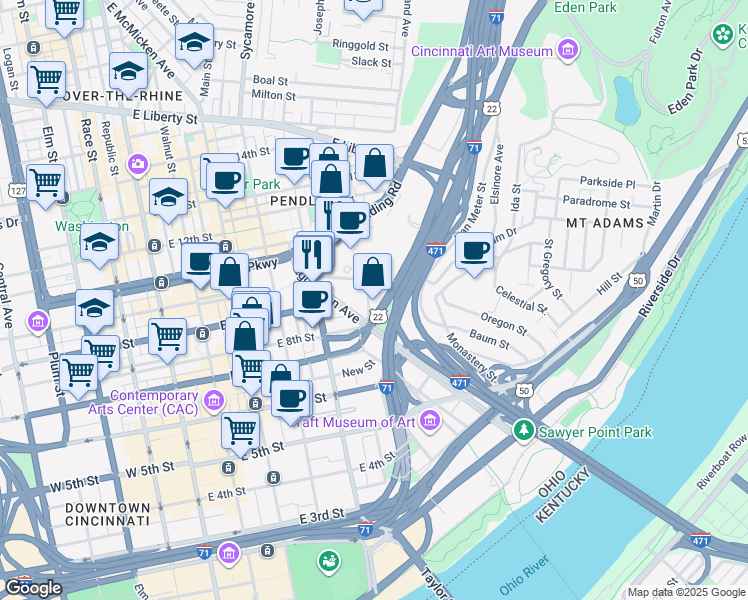 map of restaurants, bars, coffee shops, grocery stores, and more near 824 Reedy Street in Cincinnati