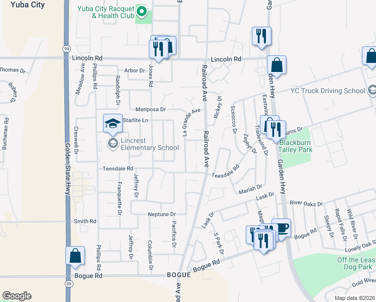 map of restaurants, bars, coffee shops, grocery stores, and more near 1414 La Grande Avenue in Yuba City