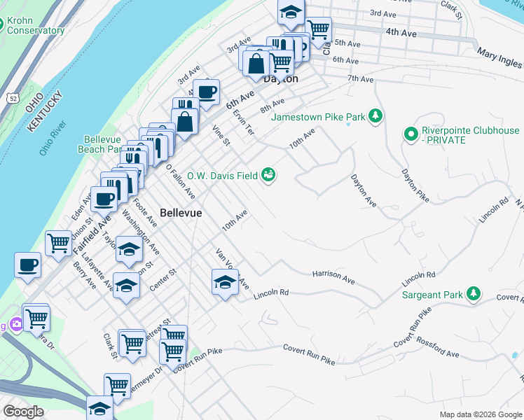 map of restaurants, bars, coffee shops, grocery stores, and more near 1010 Maple Ave in Dayton