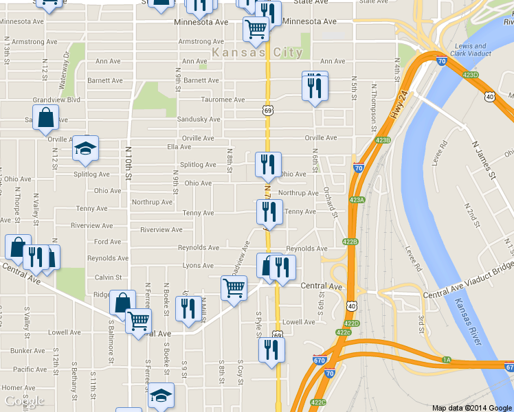map of restaurants, bars, coffee shops, grocery stores, and more near 712 Tenny Avenue in Kansas City