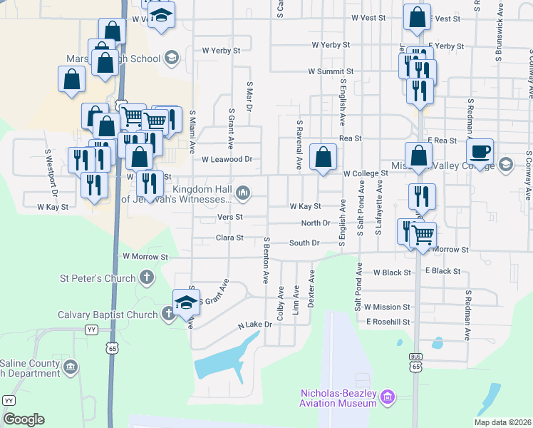 map of restaurants, bars, coffee shops, grocery stores, and more near 1359 South Benton Avenue in Marshall