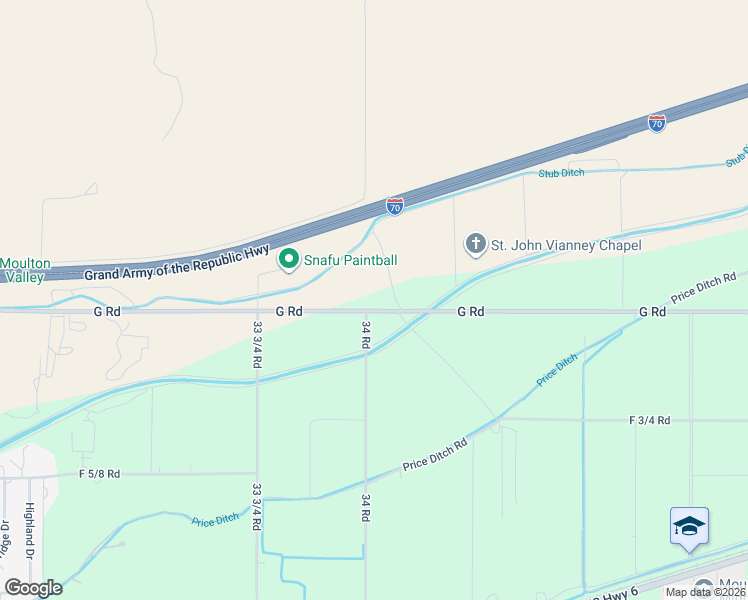 map of restaurants, bars, coffee shops, grocery stores, and more near 3402-3406 G Road in Clifton