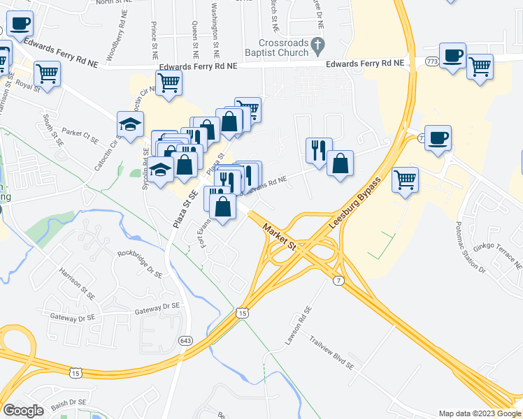map of restaurants, bars, coffee shops, grocery stores, and more near 722 East Market Street in Leesburg