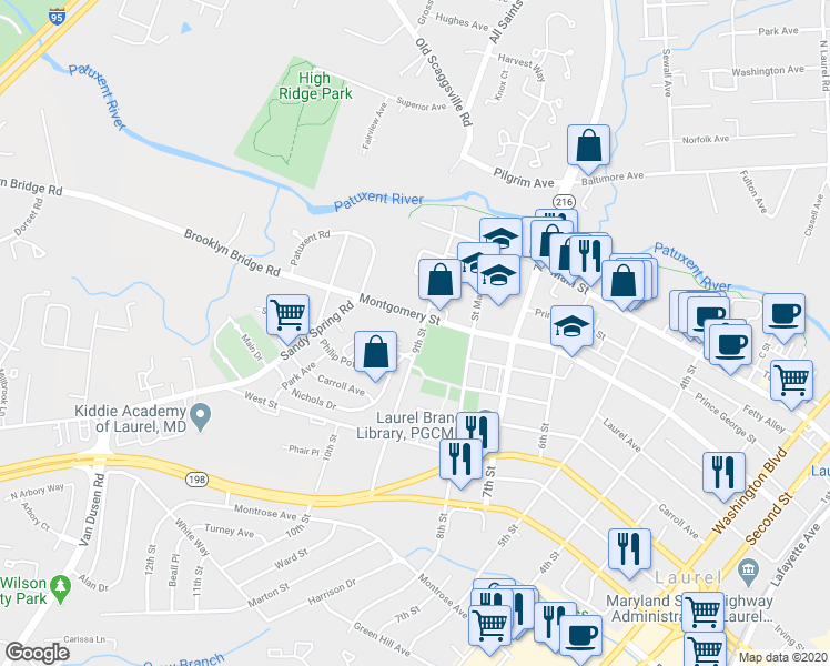 map of restaurants, bars, coffee shops, grocery stores, and more near 307 9th Street in Laurel