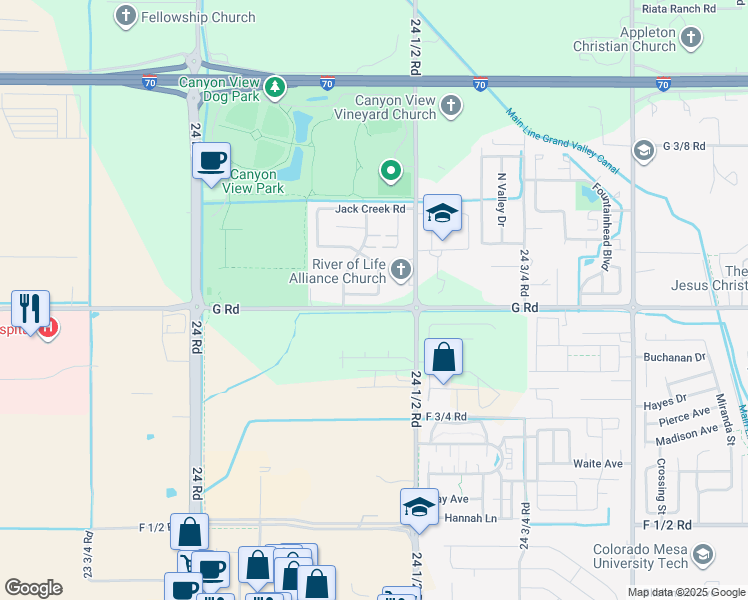 map of restaurants, bars, coffee shops, grocery stores, and more near 2447 Roan Ridge Road in Grand Junction