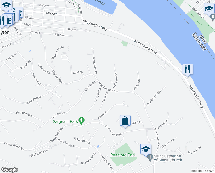 map of restaurants, bars, coffee shops, grocery stores, and more near 2397 North Fort Thomas Avenue in Fort Thomas