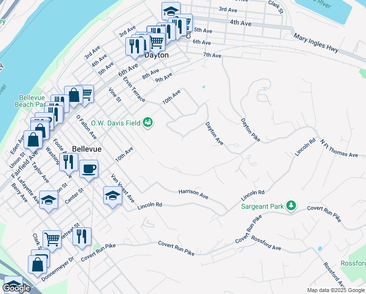 map of restaurants, bars, coffee shops, grocery stores, and more near 296 Fairview Avenue in Dayton