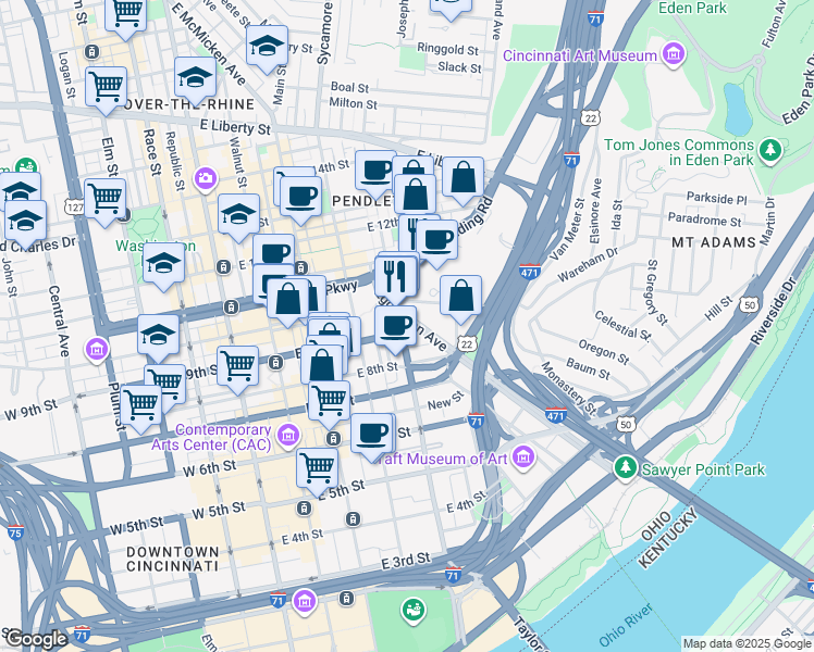 map of restaurants, bars, coffee shops, grocery stores, and more near 900 Broadway Street in Cincinnati