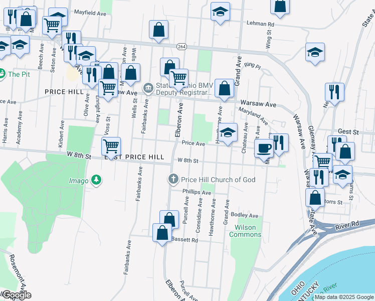 map of restaurants, bars, coffee shops, grocery stores, and more near 818 Elberon Avenue in Cincinnati
