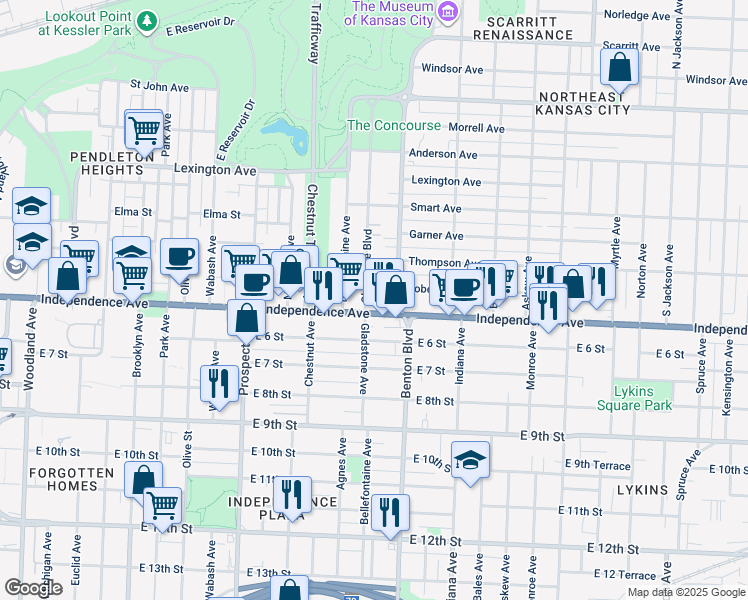 map of restaurants, bars, coffee shops, grocery stores, and more near 540 Benton Boulevard in Kansas City