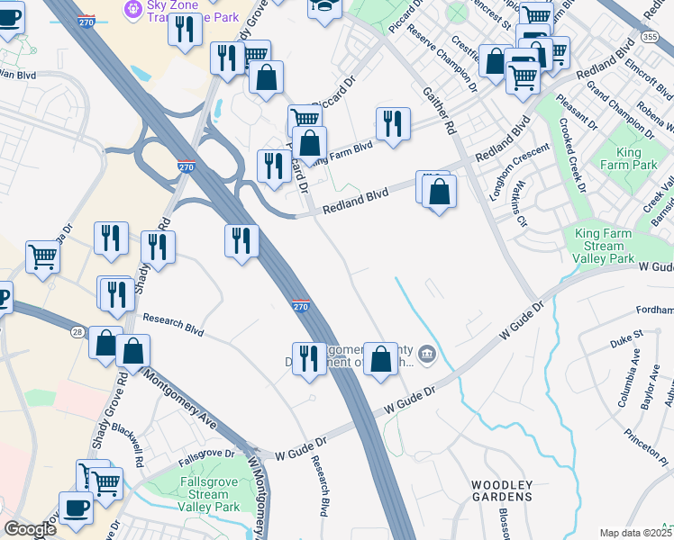 map of restaurants, bars, coffee shops, grocery stores, and more near 1380 Piccard Drive in Rockville