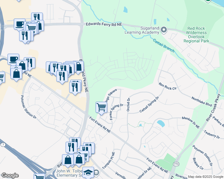 map of restaurants, bars, coffee shops, grocery stores, and more near 18419 Sierra Springs Square in Leesburg